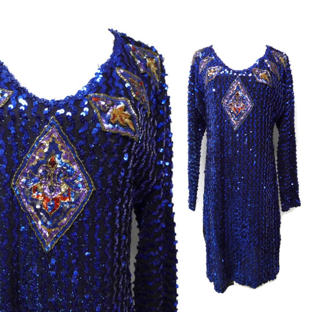 VTG 70s Diamond beaded long sleeve dress .